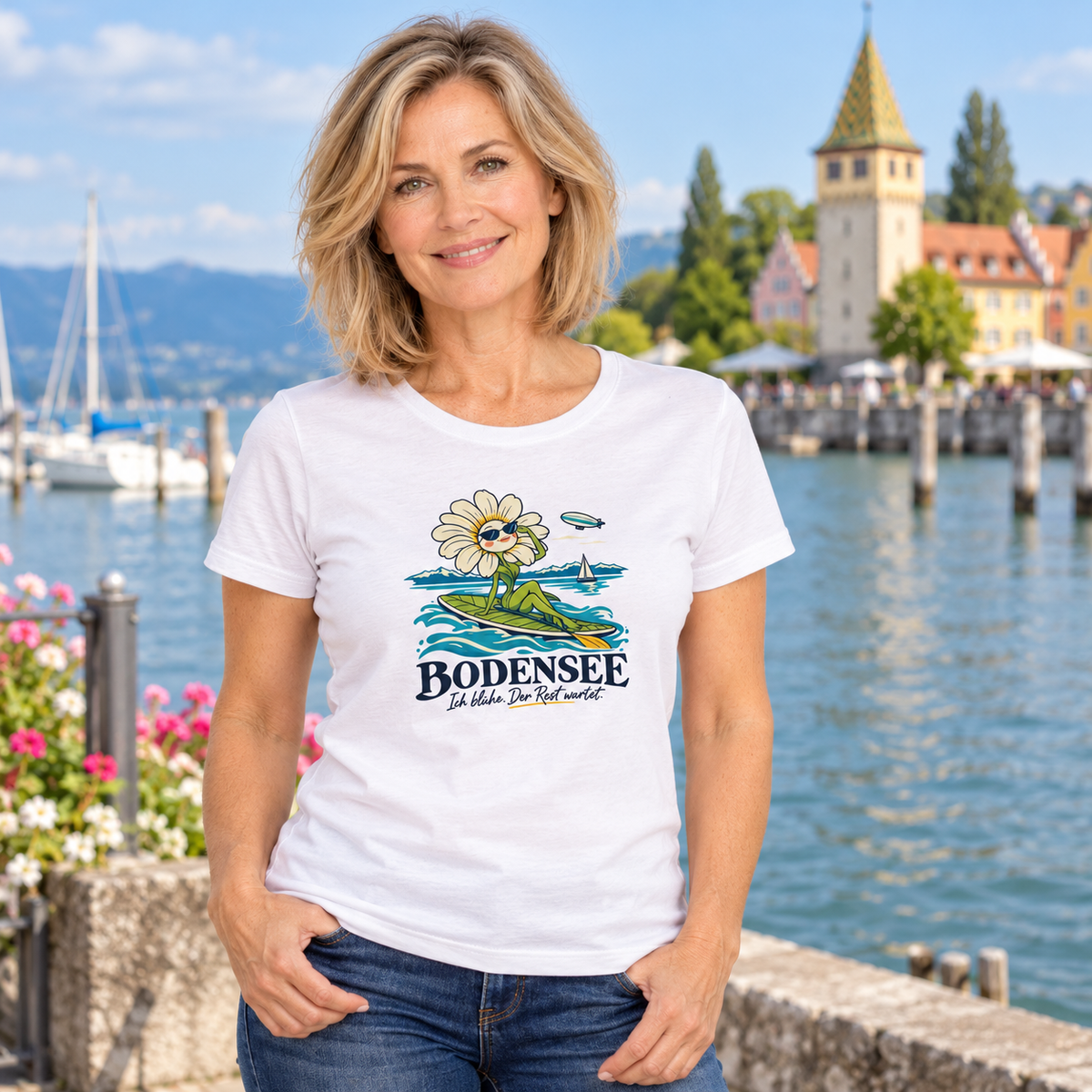 Uferblüte Damen-T-Shirt – KI-Produktpräsentation am Bodensee