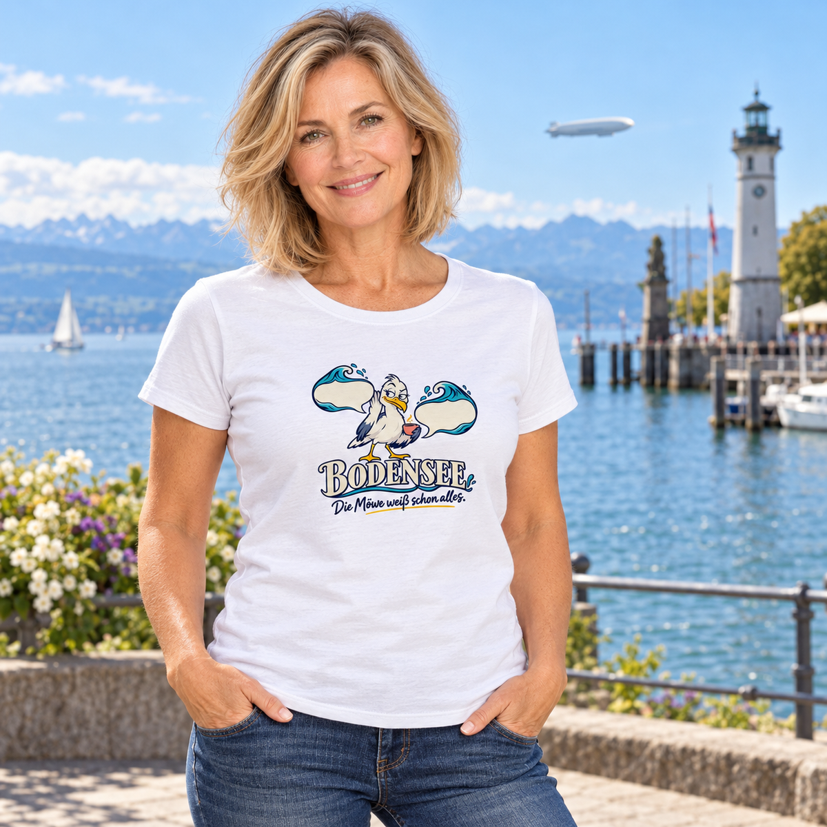 Ufergespräch Damen-T-Shirt – KI-Produktpräsentation am Bodensee