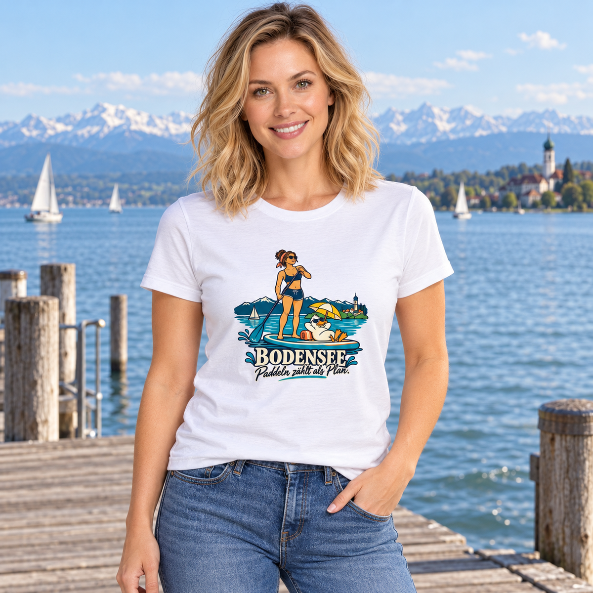 Bodensee in Bewegung Damen-T-Shirt – KI-Produktpräsentation am Bodensee