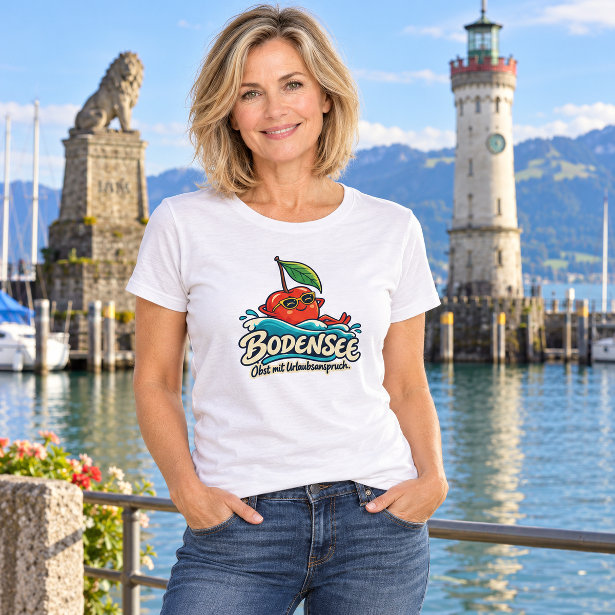 Obst mit Seeblick Damen-T-Shirt – KI-Produktpräsentation am Bodensee