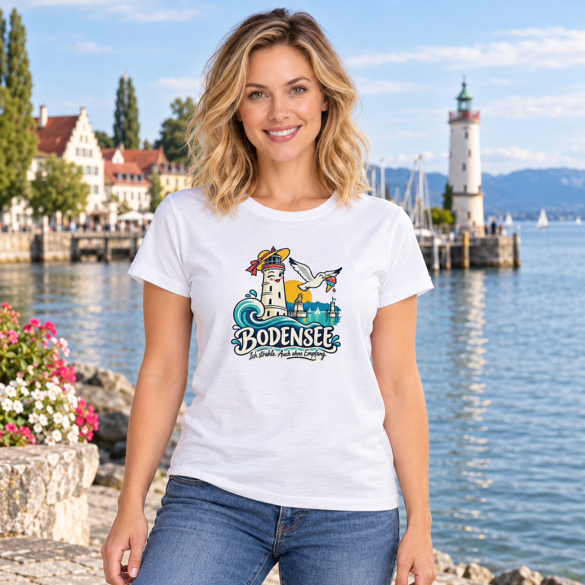 Leuchtturm im Saum der Welle Damen-T-Shirt – KI-Produktpräsentation am Bodensee