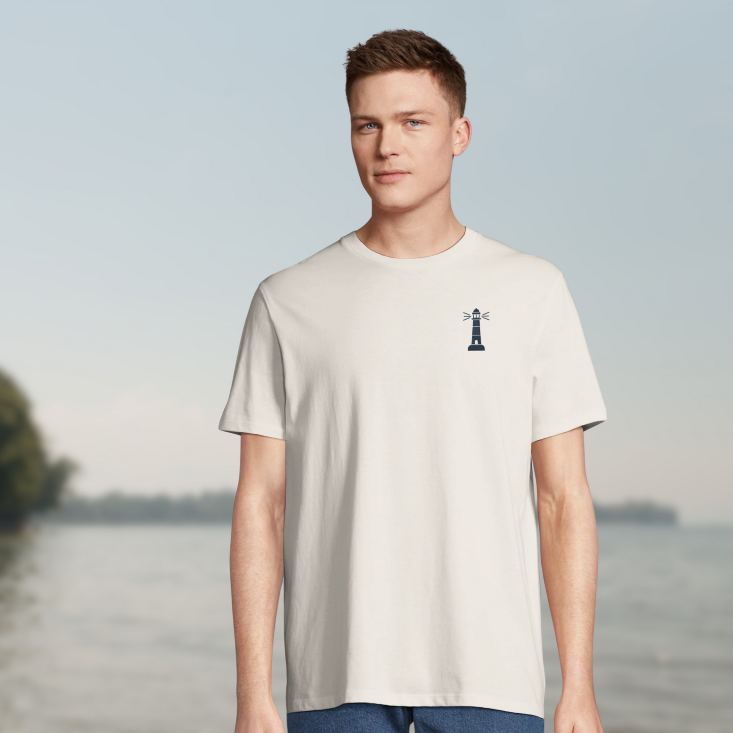 Lighthouse Haven: Eco-Friendly Men T Shirt embroidered